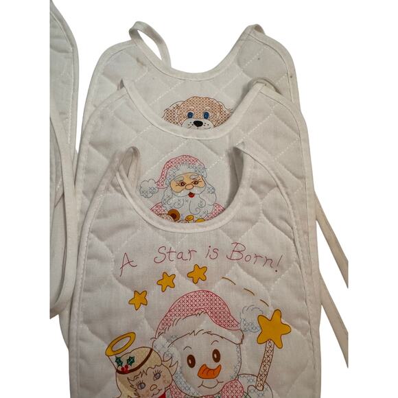 Set of 6 Vintage White Quilted Cross Stitch Look Baby Bibs Holiday Design Santa - Picture 2 of 6